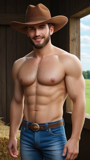 A man, nerdy cowboy, (with cowboy hat), no shirt, well-groomed beard, body hair, cute appearance, jeans, upper part of the body, exposed chest, charming smile, deep gaze, farm in the background, cinematic