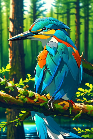 Masterpiece, best quality, (a beautiful kingfisher:1.1) (sits on a spruce branch:1.1), (taiga and a forest lake in the background:1.1), incredible detail, highly detailed, composition, ultra-detailed, light leaks, trending on artstation, sharp focus, Absurdres