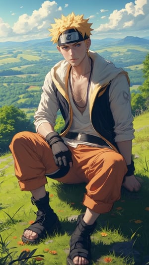 Portrait of Handsome man, sitting on a hill, Naruto style, naruto clothes, anime style 