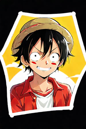 a sticker of Monkey D. Luffy from one piece, straw hat, smirk smile, anime style, minimalist design --ar 2:3 --stylize 500 --niji 5