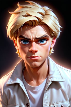 Young Fred from scooby doo, portrait, white jacket, blonde, strong, sharp focus, digital art, single subject, concept art, post processed, dynamic lighting, ultra detailed, render