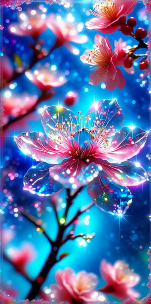 crystal cherry blossom, fantasy, blue sky, transparent, shimmering, sparkling, splendid, colorful, magical photography, dramatic lighting, photo realism,blue glitter, ultra-detailed, 4k, Depth of field, High-resolution
(Magnificent sharpness highest level detailed quality:1.2 ), (extremely detailed 8K effects detailed :1.6 ) (extremely detailed_detail:1.5) (high pixel detail quality, sharp quality) 
(excellent sharp edges:1.5)
(Magnificent sharpness highest level detailed quality:1.3), (extremely detailed 8K effects detailed ) (extremely detailed_detail) 
(highest level detailed quality)!(excellent quality detailed:1.5)! 
(out of focus details:1)
 (masterpiece:1.3), (best quality:1.3), (ultra high resolution:0.9) (hd +:0.8 ) (high definition image :1.5)  (auto adjust detail_details:0.8) 