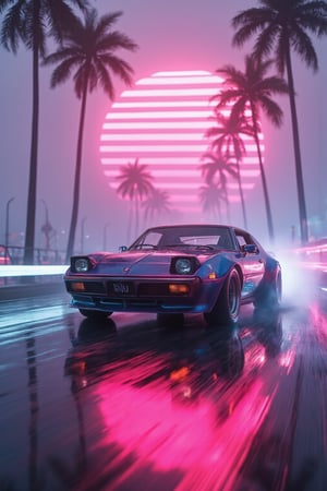 cinematic film still 80s synthwave, retro-futuristic, a classic 1980s sports car speeding around a neon-lit curve on a highway, with glowing palm trees lining the road. The scene is captured from a low-angle shot, emphasizing the sleek design and vibrant colors of the car, reflecting off the wet asphalt. The background features a neon sunset with horizontal lines, characteristic of the synthwave aesthetic, in vivid hues of pink, purple, and blue. The image is highly detailed with dramatic lighting, creating a sense of speed and motion. The artwork has a vaporwave vibe, combining retro and futuristic elements with bold, electric colors and a minimalist, sticker-like style on a white background. The atmosphere is surreal and cinematic, with sharp contrasts and intense glow effects, reminiscent of 80s digital art. This 3D render, illustration, is crafted with high resolution, capturing the essence of a synthwave cityscape in extreme detail and dynamic composition. 8k resolution with a focus on vibrant neon and striking details, evoking a nostalgic yet futuristic feel. , cyberpunk, anime,  . shallow depth of field, vignette, highly detailed, high budget, bokeh, cinemascope, moody, epic, gorgeous, film grain, grainy