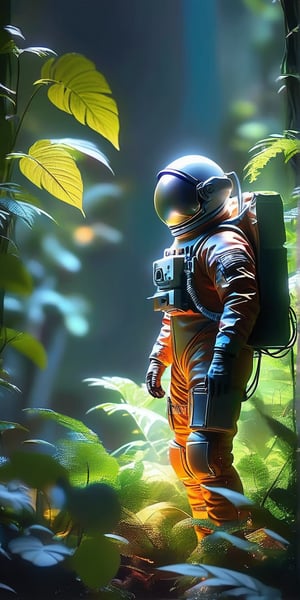 A lonely astronaut, dressed in worn space suit, treks through dense jungle foliage. The atmosphere is eerie and desolate, with a predominantly cold color palette of misty blues and grays. Muted greens and earthy tones blend into the shadows, while the astronaut's metallic attire gleams under the faint, moonlit glow. In stunning 8K detail, every wrinkle on their suit, every leaf on the plants, and every texture is vividly rendered, creating an immersive and realistic scene.(digital dissolve:1.4), ( gradient:1.5), (glowing :1.2), (oil shiny:1.3), photo r3al,neon style,simple background,NIJI STYLE,DonMChr0m4t3rr4XL ,DonMF41ryW1ng5XL,Strong Backlit Particles,LuminescentCL,minimalist hologram(high pixel detail quality, sharp quality) 
(excellent sharp edges)
(Magnificent sharpness highest level detailed quality), (extremely detailed 8K effects detailed ) (extremely detailed_detail) 
(highest level detailed quality)!(excellent quality detailed:1.5)! 
(out of focus details:1)
 (masterpiece:1.3), (best quality:1.3), (ultra high resolution:0.9) (hd +:0.8 ) (high definition image :1.5)  (auto adjust detail_details:0.8) 