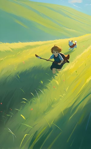 Adventure in the Park (Image: Leo and puppy running through a grassy field), acrylic painting, trending on pixiv fanbox, palette knife and brush strokes, style of makoto shinkai jamie wyeth james gilleard edward hopper greg rutkowski studio ghibli genshin impact