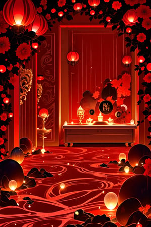 ((masterpiece, best quality)),(complex light),trending, high quality, realistic, intricate detailed, graceful and beautiful textures,16K,Generate hyper realistic image,trending features a fantastical,aurora lights. a beautiful detailed, Red darkness atmosphere luxurious bedroom scene with a modern twist, red pumpkin. Amidst the lavish decor, dark soft light, while Halloween decorations whimsy. A stunning masterpiece, anime-style elements blend seamlessly with 3D-rendered environments, created using Blender and photorealistic rendering at 1.4 resolution. The image is presented in RAW photo quality, with meticulous attention to detail and textures. 