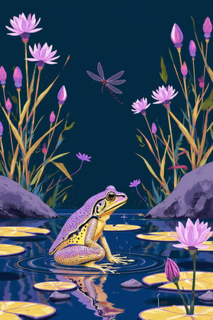 style of Rob Ryan, illustration, a frog sits on a water lily in the pond, a dragonfly flies by, flowers and reeds, (purple, dark blue, dark yellow)