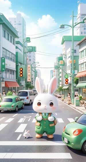 Chibi mascot includes the best quality, Beautiful soft light, Tqo little rabbits have become much sensible. It began to take the initiative to abide by traffic rules, stop waiting for green lights, polite pedestrians, and protect the safety of themselves and others,Watercolor children's illustration style,high detail, ultra clear 8k,c4d, city style