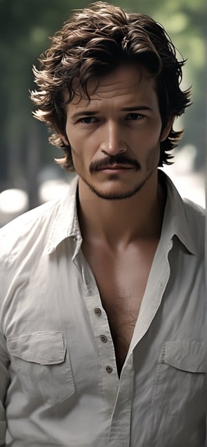 portrait photo of an unshaven Pedro Pascal from The Last of Us, in a unbuttoned white summer shirt, outside light, shot on Hasselblad H4D 200MS Digital Camera, Mitakon Speedmaster 85mm f/1. 4 XCD --q 5 --ar 1:2