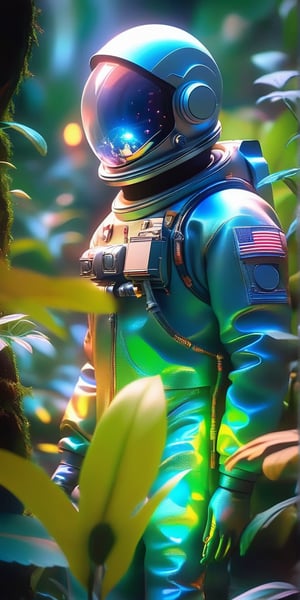 A lonely astronaut, dressed in worn space suit, treks through dense jungle foliage. The atmosphere is eerie and desolate, with a predominantly cold color palette of misty blues and grays. Muted greens and earthy tones blend into the shadows, while the astronaut's metallic attire gleams under the faint, moonlit glow. In stunning 8K detail, every wrinkle on their suit, every leaf on the plants, and every texture is vividly rendered, creating an immersive and realistic scene.(digital dissolve:1.4), ( gradient:1.5), (glowing :1.2), (oil shiny:1.3), photo r3al,neon style,simple background,NIJI STYLE,DonMChr0m4t3rr4XL ,DonMF41ryW1ng5XL,Strong Backlit Particles,LuminescentCL,minimalist hologram(high pixel detail quality, sharp quality) 
(excellent sharp edges)
(Magnificent sharpness highest level detailed quality), (extremely detailed 8K effects detailed ) (extremely detailed_detail) 
(highest level detailed quality)!(excellent quality detailed:1.5)! 
(out of focus details:1)
 (masterpiece:1.3), (best quality:1.3), (ultra high resolution:0.9) (hd +:0.8 ) (high definition image :1.5)  (auto adjust detail_details:0.8) 