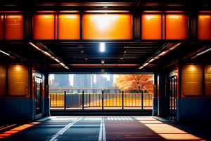 busy urban train platform during golden hour, sunlight casting deep orange shadows while multiple commuters are silhouetted against bright, warm light, front of a door, with autumn leaves falling all around her, flowers on the ground, trees, doors, and windows, creating an atmosphere filled with warm colors. In the style of Pixar, with high definition, detailed depiction, wide-angle lens, soft lighting, static movements, lively --ar 65:128 --stylize 750, captures the rush and transient nature of city life, vibrant colors reflecting from polished surfaces and fleeting interactions --ar 9:16 --style raw