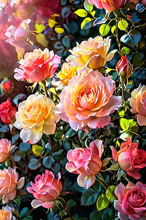 roses in bloom, rose buds, flower garden, vivid colors, color grading, red, pink, yellow, white, morning light, dslr, shot on 70mm, shadow effects, f/22, high angle, 8k, photorealistic, hyper detailed, uplight --ar 9:16 --q 2 --v 4