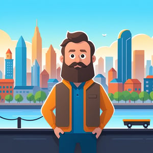 a man with a beard standing in front of a city, animation illustrative style, corporate animation style, animated cinematography, design your own avatar, video animation, digital flat 2 d, featured on illustrationx, behance contest winner, 8 k cartoon illustration, style of titmouse animation,children's picture books