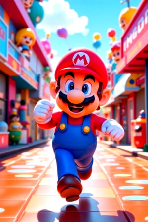 A joyful Super Mario, sporting a bright, beaming smile and a small belly, is in mid-run, his iconic red cap and blue overalls a blur as he dashes across the scene. In a vibrant, Pop Mart-inspired setting, colorful toys and anime-style elements blend seamlessly with 3D-rendered environments, created using Blender and photorealistic rendering at 1.4 resolution. The image is presented in RAW photo quality, with meticulous attention to detail and textures.