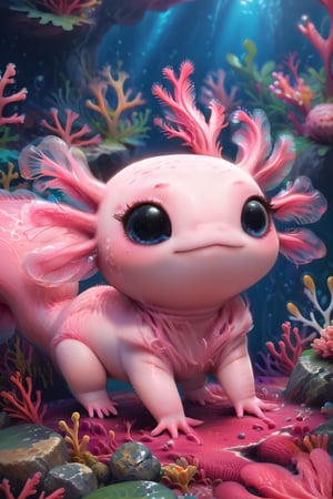 score_9, score_8_up, score_7_up, AxolotlWorldXLP, Expressiveh, very detailed, high quality, solo, 1 (cute axolotl, feral, pale pink skin, thick tail) , undersea background, coral, realistic, 3d