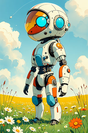 robot, futuristic, retro style, large helmet, colorful visor, blue visor, red visor, mechanical limbs, standing in a field, wildflowers, floral, daisies, anthropomorphic, rust, dirt, weathered, illustration, digital painting, detailed, whimsical, white background, science fiction, steampunk elements, nature, contrast, artistic, concept art, character design,