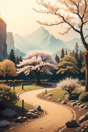 A serene garden scene with fallen cherry blossoms carpeting the ground, symbolizing the cycle of life and renewal. The composition focuses on the delicate petals, now faded, blending into the rich soil beneath a blooming cherry tree. Soft, diffused sunlight filters through the branches, highlighting the vibrant colors of the remaining blossoms and the nurturing earth. The overall atmosphere is one of tranquility and transformation, capturing the essence of nature's nurturing process and the beauty of self-sacrifice for future growth.