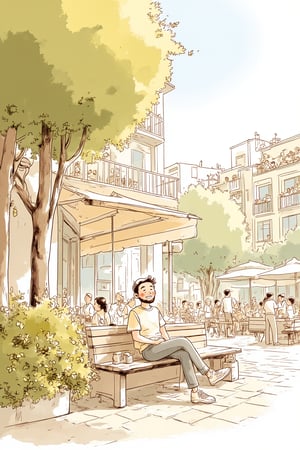 A whimsical line drawing transitions to a vibrant college campus scene, where a lively 1 male man, 24yo boy with beard glasses,upper body portrait sits on a bench outside a bustling café., stylish baseball cap The central figure is surrounded by lush greenery and students chatting in the morning air. The camera uses a 35mm f/2.0 wide-angle lens capturing the playful texture through crisp lines and youthful color blocks.