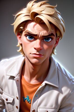Young Fred from scooby doo, portrait, white jacket, blonde, strong, sharp focus, digital art, single subject, concept art, post processed, dynamic lighting, ultra detailed, render