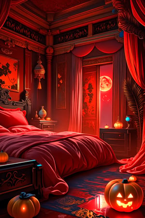 ((masterpiece, best quality)),(complex light),trending, high quality, realistic, intricate detailed, graceful and beautiful textures,16K,Generate hyper realistic image,trending features a fantastical,aurora lights. a beautiful detailed, Red darkness atmosphere luxurious bedroom scene with a modern twist, red pumpkin. Amidst the lavish decor, dark soft light, while Halloween decorations whimsy. A stunning masterpiece, anime-style elements blend seamlessly with 3D-rendered environments, created using Blender and photorealistic rendering at 1.4 resolution. The image is presented in RAW photo quality, with meticulous attention to detail and textures. 