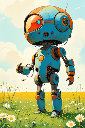 robot, futuristic, retro style, large helmet, colorful visor, blue visor, red visor, mechanical limbs, standing in a field, wildflowers, floral, daisies, anthropomorphic, rust, dirt, weathered, illustration, digital painting, detailed, whimsical, white background, science fiction, steampunk elements, nature, contrast, artistic, concept art, character design,