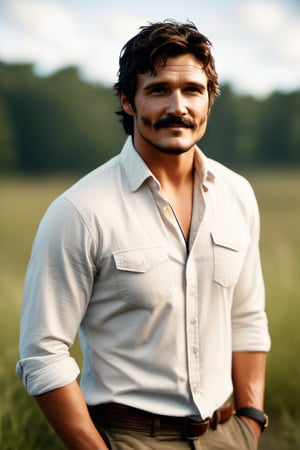 portrait photo of an unshaven Pedro Pascal from The Last of Us, in a unbuttoned white summer shirt, outside light, shot on Hasselblad H4D 200MS Digital Camera, Mitakon Speedmaster 85mm f/1. 4 XCD --q 5 --ar 1:2