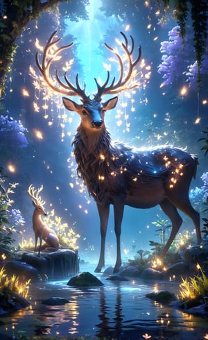 (best illustration), (best shadow), glowing elf with a glowing deer, drinking water in the pool, natural elements in forest theme. Mysterious forest, beautiful forest, nature, surrounded by flowers, delicate leaves and branches surrounded by fireflies (natural elements), (jungle theme), (leaves), (branches), (fireflies), (particle effects) and other 3D, Octane rendering, ray tracing, super detailed ,deer