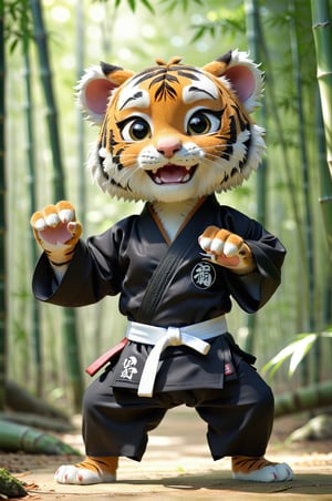 (best quality, 4k, 8k, highres, masterpiece:1.2), ultra-detailed, realistic:1.37, 3d, cartoon, tiger cub dressed in black karate kimono, Character Design, Adorable Characters, Mascot Characters, playful, energetic, expressive, curious, round eyes, sportive, tiger stripes, paws, fluffy fur, sharp claws, karate pose, karate belt, black kimono, white belt, action-packed, bold colors, contrasting colors, playful expression, fierce, funny, tail swishing, forest background, greenery, vibrant setting, sunlight filtering through trees, bamboo leaves, friendly demeanor, warm lighting, attention to detail, adorable face, tiny ears, snout, nose, clenched fists, eager to learn, positive energy,<lora:EMS-256928-EMS:0.800000