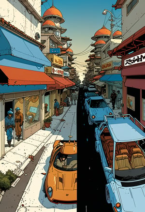 Prompt: score_9, source_Comics, (2 page comic) BOOK OF THE MOEBIUS & Katsuya Terada collaboration, art station, BANDE DESSINÉE story transcription, full color, Streetscape