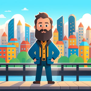 a man with a beard standing in front of a city, animation illustrative style, corporate animation style, animated cinematography, design your own avatar, video animation, digital flat 2 d, featured on illustrationx, behance contest winner, 8 k cartoon illustration, style of titmouse animation,children's picture books