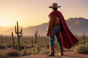 A cowboy Mario wearing a cape standing in the desert at sunset, with his iconic "M" hat and a confident and heroic expression, hands on his waist ready for action. The background is a vast desert landscape with isolated cacti and tumbleweeds under the golden hour light, high quality full-body illustration inspired by the classic video game character, dynamic pose, adventurous mood, detailed textures on clothing and environment, vibrant colors of the sunset, sharp focus on the character.,L&Y