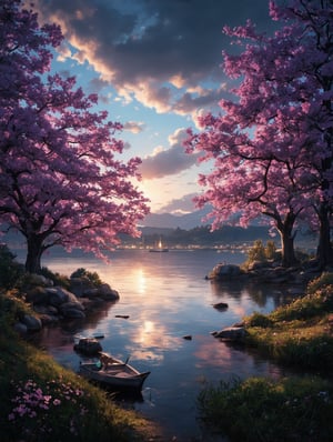 detailed background,( Calm spring night landscape), amongst lush greenery, beautiful view, creeping phlox in full bloom, creeping phlox, early morning, sunrise sky, beautiful clouds, dappled sunlight, outdoor seating, one lamp, Tranquil Lake, Boat on a Lake, depth of field, masterpiece, best quality, ultra-detailed, very aesthetic, illustration, perfect composition, intricate details, absurdres, moody lighting, wisps of light, no humans,(Magnificent sharpness highest level detailed quality:1.2 ), (extremely detailed 8K effects detailed :1.6 ) (extremely detailed_detail:1.5) (high pixel detail quality, sharp quality) 
(excellent sharp edges:1.5)
(Magnificent sharpness highest level detailed quality:1.3), (extremely detailed 8K effects detailed ) (extremely detailed_detail) 
(highest level detailed quality)!(excellent quality detailed:1.5)! 
(out of focus details:1)
 (masterpiece:1.3), (best quality:1.3), (ultra high resolution:0.9) (hd +:0.8 ) (high definition image :1.5)  (auto adjust detail_details:0.8) 