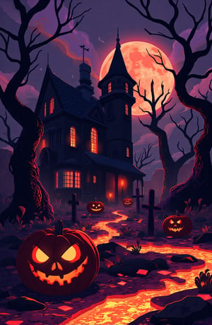 gothic figures stands sentinel before the crumbling facade of 'Cursedwood Manor' Shadows writhe across the ground, as if the very night itself is alive. synthwave, size balance. sunset, Twisted trees loom behind,  illuminated pumpkin seems to look ahead with a spooky.Sorrounded by burning red and orange lava splatters.Dark tones dominated,contrasted with bright bursts The night is dark and stormy, very aesthetic. pumpkin elements, purple&orange&black color scheme, circle fiery a full moon casting eerie light over misty graves. Shadows of twisted, dead trees loom in the background, and glowing jack-o'-lanterns are scattered around.The composition centers on the decoration's unsettling beauty, inviting viewers to unravel its mysteries.A candelabra of twisted, their branches grasping towards a full moon that casts an eerie glow, its intricate patterns etched in darkness like macabre tattoos. The sky is dark,glowing bioluminescent plants. As the sun sets, aurora lights dance across the horizon, casting a kaleidoscope of colors on the ground. with clouds swirling, and distant bats can be seen flying.Spooky old cemetery at night, filled with weathered tombstones, The lighting is soft and warm, with a focus on texture and lighting of the scene to create a hypnotic and exciting effect." A dark, intense digital symbiote, 
" with gray clouds and lightning illuminating the sky.",
"lighting":, .capturing the fluid, organic texture of the symbiote's form. neon reflections casting eerie glows across the urban landscape. The skyscrapers reflect the neon lights against the dark shades  glows vividly. synapse, simple art, of fiery red and orange.Adenden instense and dramatic conveys a strong absurdres,
(Magnificent sharpness highest level detailed quality:1.2 ), (extremely detailed 8K effects detailed :1.6 ) (extremely detailed_detail:1.5) (high pixel detail quality, sharp quality) 
(excellent sharp edges:1.5)
(Magnificent sharpness highest level detailed quality:1.3), (extremely detailed 8K effects detailed ) (extremely detailed_detail) 
(highest level detailed quality)!(excellent quality detailed:1.5)! 
(out of focus details:1)
 (masterpiece:1.3), (best quality:1.3), (ultra high resolution:0.9) (hd +:0.8 ) (high definition image :1.5)  (auto adjust detail_details:0.8) 