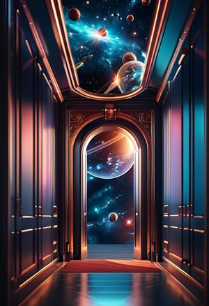 Cinematic Photography Wide-angle digital painting, (Room behind full-body interior door leading to cosmic heaven: 1.3), Dynamic composition, Glowing celestial lights, (Epic cinematic shot: 1.2), Characters in space suits, Floating spheres, (Vivid space colors: 1.2), Ethereal atmosphere, Starry sky and nebulae, Enhanced clarity, Exquisite details, Trending on ArtStation. 35mm photography, film, bokeh, professional, 4k, highly detailed