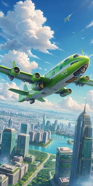 (Under the blue sky and white clouds, the green plane is flying over the city, and the green belt of the city is far below：1.5), masterpiece, extremely detailed, crazy in detail, realistic, full screen, male focus, sky, no humans, glow, sky, sci-fi, brandishing a futuristic submachine gun,liuyun