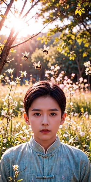 1boy male man solo, The hero plays with bees and butterflies in the garden, and the camera uses slow motion and bright colors to capture he's beautiful moments of close contact with nature.