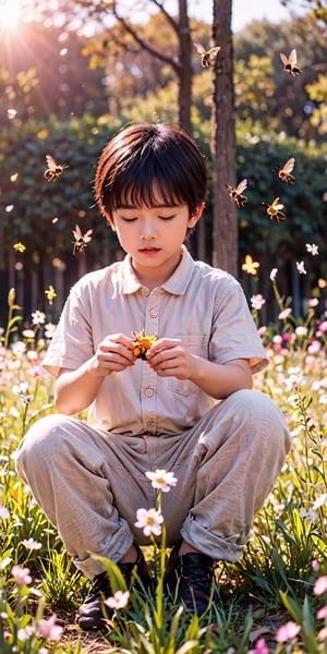 1boy male man solo, The hero plays with bees and butterflies in the garden, and the camera uses slow motion and bright colors to capture he's beautiful moments of close contact with nature.