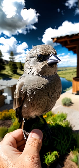 (Fisheye photograph:1.3) of a Grayish Baywing bird. BREAK It's a cute bird about 7 inches long, with (brownish-gray plumage:1.3), (the wings feathers have a reddish-brown tone:1.4). The region between the eyes and nostrils is black, it has black eyes, black legs, (short and stubby black beak:1.4). BREAK (full body shot:1.2), (perched on a bush small branch:1.3), (green steppe with a lagoon in the background:1.3), under direct sunlight, imposing cumulonimbus clouds in the blue sky, creative shadow play, bokeh, BREAK (shot on GoPro Hero:1.4), Fujicolor Pro film, (low-contrast:1.5), in the style of Miko Lagerstedt/Liam Wong/Nan Goldin/Lee Friedlander, BREAK (photorealistic:1.3), vignette, highest quality, detailed and intricate, original shot, gbaywing, more detail XL, no humans(Magnificent sharpness highest level detailed quality:1.2 ), (extremely detailed 8K effects detailed :1.6 ) (extremely detailed_detail:1.5) (high pixel detail quality, sharp quality) 
(excellent sharp edges:1.5)
(Magnificent sharpness highest level detailed quality:1.3), (extremely detailed 8K effects detailed ) (extremely detailed_detail) 
(highest level detailed quality)!(excellent quality detailed:1.5)! 
(out of focus details:1)
 (masterpiece:1.3), (best quality:1.3), (ultra high resolution:0.9) (hd +:0.8 ) (high definition image :1.5)  (auto adjust detail_details:0.8) 