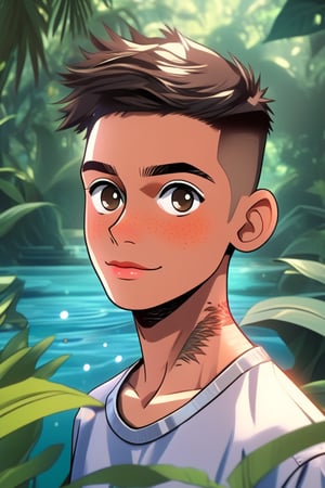 close up angle of, , (1boy :1),((detailed clothes)) surrounded by jungle( waters), man, detailed focus, deep bokeh, beautiful, , bight vib background. Visually delightful, 3D(high pixel detail quality, sharp quality) 
(excellent sharp edges)
(Magnificent sharpness highest level detailed quality), (extremely detailed 8K effects detailed ) (extremely detailed_detail) 
(highest level detailed quality)!(excellent quality detailed:1.5)! 
(out of focus details:1)
 (masterpiece:1.3), (best quality:1.3), (ultra high resolution:0.9) (hd +:0.8 ) (high definition image :1.5)  (auto adjust detail_details:0.8) 