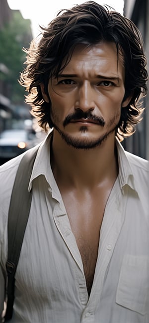 portrait photo of an unshaven Pedro Pascal from The Last of Us, in a unbuttoned white summer shirt, outside light, shot on Hasselblad H4D 200MS Digital Camera, Mitakon Speedmaster 85mm f/1. 4 XCD --q 5 --ar 1:2