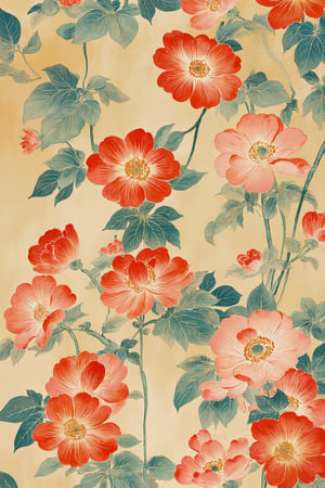  a close up of a wallpaper with flowers and leaves, oriental wallpaper, chinoiserie pattern, qing dynasty, inspired by Yun Shouping, ornate floral, traditional chinese textures, inspired by Lu Guang, flowery wallpaper, traditional chinese art, chinese art, textile print, by Li Keran, beautiful wallpaper, chinoiserie wallpaper, trending wallpaper, traditional chinese