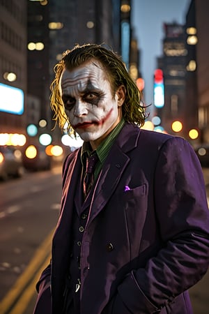 Heath Ledger as the Joker in a dramatic pose, illuminated by a faint moonlight, with the Gotham City skyline in the background. His eyes gleam with maniacal intensity, as he revels in chaos and anarchy. The darkness of the night complements his dark humor, setting the tone for a city on the brink of collapse.(Magnificent sharpness highest level detailed quality:1.2 ), (extremely detailed 8K effects detailed :1.6 ) (extremely detailed_detail:1.5) (high pixel detail quality, sharp quality) 
(excellent sharp edges:1.5)
(Magnificent sharpness highest level detailed quality:1.3), (extremely detailed 8K effects detailed ) (extremely detailed_detail) 
(highest level detailed quality)!(excellent quality detailed:1.5)! 
(out of focus details:1)
 (masterpiece:1.3), (best quality:1.3), (ultra high resolution:0.9) (hd +:0.8 ) (high definition image :1.5)  (auto adjust detail_details:0.8) 