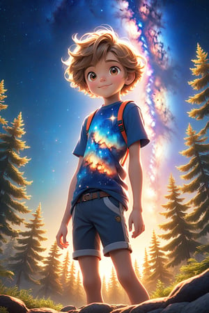 best quality, masterpiece, beautiful and aesthetic, vibrant color, Exquisite details and textures,  Warm tone, ultra realistic illustration,	(handsome European Boy, 10year old:1.5),	(The milky way theme:1.4), (Forest theme:1.2),	cute eyes, big eyes,	(a beautiful smile:1.1),	cinematic lighting, ambient lighting, sidelighting, cinematic shot,	siena natural ratio, children's body, anime style, 	half body view,	Dark blonde long bob cut with blunt bangs,	wearing a Cute printing T-shirt and shorts,	ultra hd, realistic, vivid colors, highly detailed, UHD drawing, perfect composition, beautiful detailed intricate insanely detailed octane render trending on artstation, 8k artistic photography, photorealistic concept art, soft natural volumetric cinematic perfect light. 