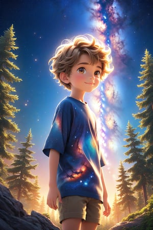 best quality, masterpiece, beautiful and aesthetic, vibrant color, Exquisite details and textures,  Warm tone, ultra realistic illustration,	(handsome European Boy, 10year old:1.5),	(The milky way theme:1.4), (Forest theme:1.2),	cute eyes, big eyes,	(a beautiful smile:1.1),	cinematic lighting, ambient lighting, sidelighting, cinematic shot,	siena natural ratio, children's body, anime style, 	half body view,	Dark blonde long bob cut with blunt bangs,	wearing a Cute printing T-shirt and shorts,	ultra hd, realistic, vivid colors, highly detailed, UHD drawing, perfect composition, beautiful detailed intricate insanely detailed octane render trending on artstation, 8k artistic photography, photorealistic concept art, soft natural volumetric cinematic perfect light. 