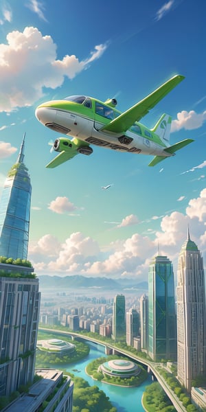 (Under the blue sky and white clouds, the green plane is flying over the city, and the green belt of the city is far below：1.5), masterpiece, extremely detailed, crazy in detail, realistic, full screen, male focus, sky, no humans, glow, sky, sci-fi, brandishing a futuristic submachine gun,liuyun