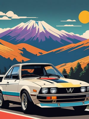 Japanese style, 80s retro vibe, aesthetic, motor sports design, geometric mountain background, retro-style sun.2D, flat colors, clear colors, white outline,(high pixel detail quality, sharp quality) 
(excellent sharp edges)
(magnetic sharpness highest level detailed full body quality), (extremely detailed 8K face body effects detailed ) (extremely detailed_detail) 
(highest level detailed quality)!(excellent quality detailed:1.5)! 
(out of focus details:1)
 (masterpiece:1.3), (best quality:1.3), (ultra high resolution:0.9) (hd +:0.8 ) (high definition image :1.5)  (auto adjust detail_details:0.8) 