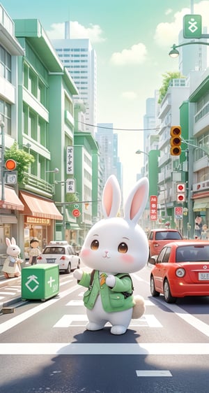 Chibi mascot includes the best quality, Beautiful soft light, Tqo little rabbits have become much sensible. It began to take the initiative to abide by traffic rules, stop waiting for green lights, polite pedestrians, and protect the safety of themselves and others,Watercolor children's illustration style,high detail, ultra clear 8k,c4d, city style