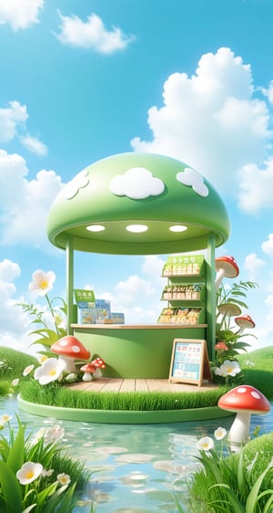 3D_style,
outdoors,water,sky,day,cloud,flower, E-commerce booth, grass,scenery,mushroom, green theme,

professional 3d model, anime artwork pixar, 3d style, good shine, OC rendering, highly detailed, volumetric, dramatic lighting, 