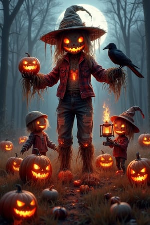 A charming scene of a group of Jack-o'-lantern babies, each with cute, smiling faces and glowing softly in the dim, eerie moonlight. They are gathered around a small, spooky pumpkin patch, each holding a tiny lantern. The background is a misty, dark forest, with fog gently rolling in. The composition is centered, (science fiction style:1.2) illustration of a foreboding imposing robotic (scarecrow:1.3) made of metallic straw guarding a field of plants with glowing neon fruit, dark dystopian world with a black city skyline in the distance, low angle shot from below, masterpiece futuristic artwork, sci-fi composition, their warm, orange glow contrasting with the cool, shadowy environment.,red eyes,and an ominous aura,red flame inside body, golden wheat field, a decrepit scarecrow stands tall, its tattered form a testament to time's ravages. Faded flannel shirt hangs loosely over ripped jeans, held together by frayed threads, while a weathered straw hat tilts precariously atop the scarecrow's head. A burlap sack serves as a face, stitched eyes glinting menacingly beneath a wide, unsettling smile. As the late afternoon sun dips below the horizon, its warm glow casts long shadows across the field, where a few crows silhouette themselves against the sky. Meanwhile, one bold crow perches confidently on the scarecrow's, anime lighting effects,, (Shading and Lighting using Phong shading, Gouraud shading, and Blinn-Phong shading, mirror reflections shading, Rendering), ambient occlusion, cycles 4d render, octane render, V-Ray render, unity, 7d cryengine 7 optimization, 19000 Ultra HD resolution.