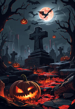 The bat flies over the sepulchral grave, while the illuminated pumpkin seems to look ahead with a spooky.Sorrounded by burning red and orange lava splatters.Dark tones dominated,contrasted with bright bursts The night is dark and stormy,  The sky is dark, with clouds swirling, and distant bats can be seen flying.Spooky old cemetery at night, filled with weathered tombstones, The lighting is soft and warm, with a focus on texture and lighting of the scene to create a hypnotic and exciting effect." A dark, intense digital art of the tombstone symbiote, synthwave, size balance. sunset, very aesthetic. art landscape ink cinematic cracked old antique burned paper, circle fiery a full moon casting eerie light over misty graves. Shadows of twisted, dead trees loom in the background, and glowing jack-o'-lanterns are scattered around. A haunted, abandoned feeling fills the air, with ghostly figures barely visible in the mist. The overall mood is haunting yet atmospheric,"A dark and mysterious Halloween scene, with a bat, pumpkin and sepulchral grave",
" with gray clouds and lightning illuminating the sky.",
"lighting":, .capturing the fluid, organic texture of the symbiote's form. neon reflections casting eerie glows across the urban landscape. The skyscrapers reflect the neon lights against the dark shades  glows vividly. synapse, simple art, of fiery red and orange.Adenden instense and dramatic conveys a strong absurdres,
(Magnificent sharpness highest level detailed quality:1.2 ), (extremely detailed 8K effects detailed :1.6 ) (extremely detailed_detail:1.5) (high pixel detail quality, sharp quality) 
(excellent sharp edges:1.5)
(Magnificent sharpness highest level detailed quality:1.3), (extremely detailed 8K effects detailed ) (extremely detailed_detail) 
(highest level detailed quality)!(excellent quality detailed:1.5)! 
(out of focus details:1)
 (masterpiece:1.3), (best quality:1.3), (ultra high resolution:0.9) (hd +:0.8 ) (high definition image :1.5)  (auto adjust detail_details:0.8) 